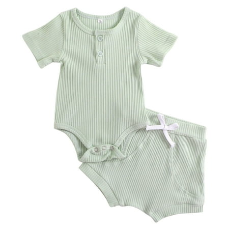

Summer Toddler Boys Girls Short Sleeve Solid Color Ribbed Tops Shorts 2PCS Outfits Set Kids Clothes Child Clothing Streetwear Dailywear Outwear