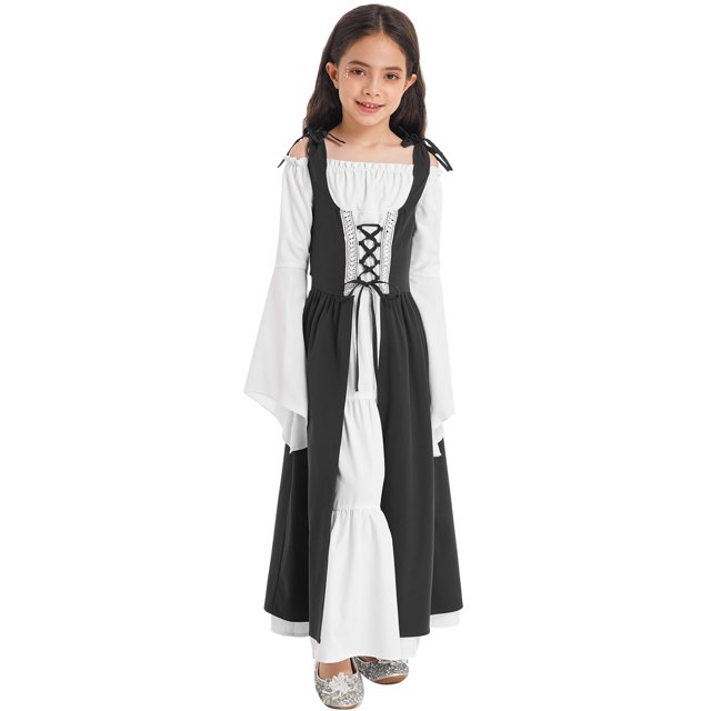 iefiel Robe Rétro d'Halloween pour Filles Robe Longue Évasée à Manches Longues Lacée Robe Princesse Noire 16
