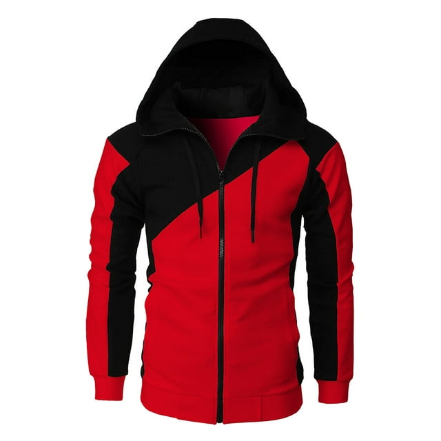 xiaxaixu Men's Hoodie Pullover Jacket, Contrast Color Long Sleeve Zipper Closure Sweatshirt Loose Drawstring Coat