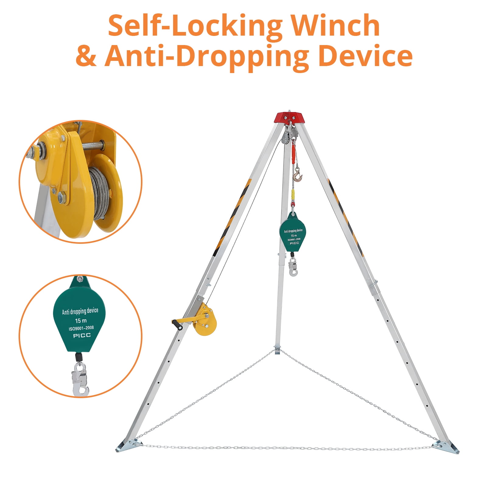 EastVita Confined Space Tripod Kit with 1200 lbs Lifting Winch,Fall Arrester,Sewer Rescue Tripod,Self-Locking Safety Device