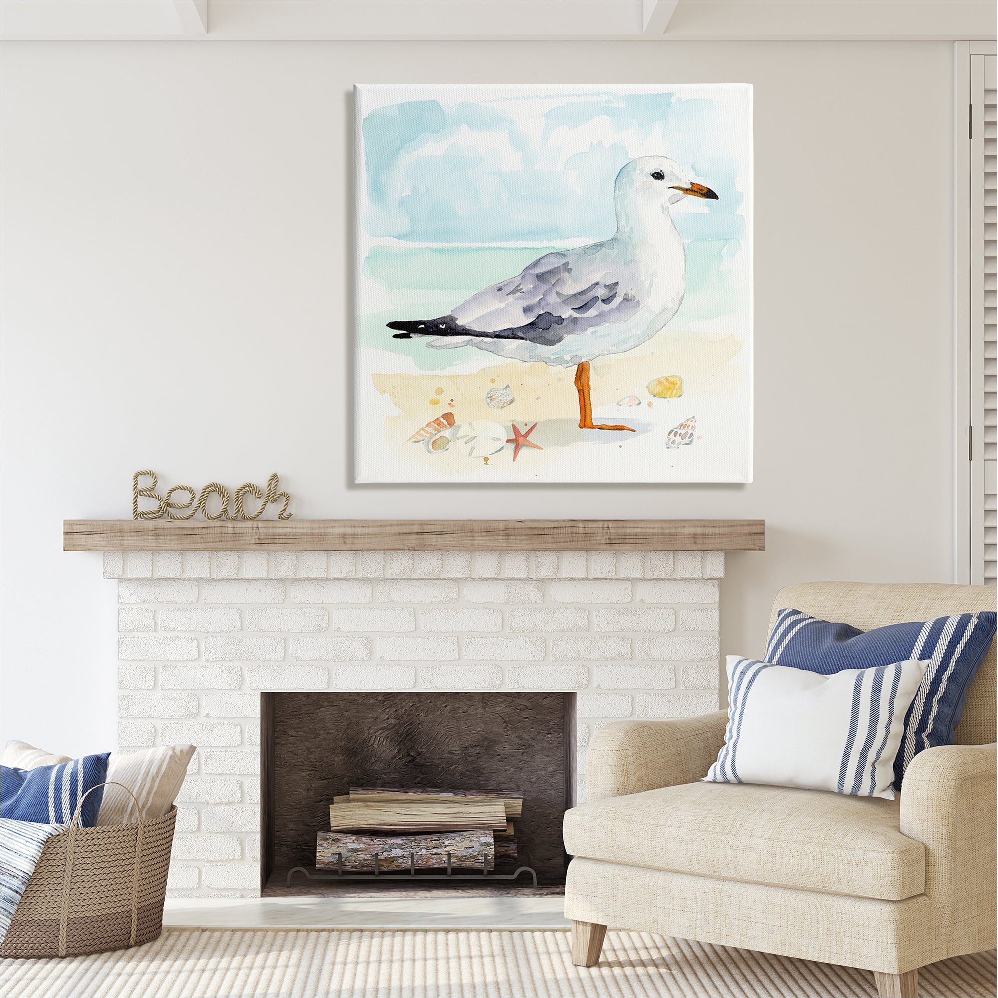 Stupell Industries Seagull & Seashells on Shore Animals & Insects Painting Gallery Wrapped Canvas Art Print Wall Art, 36 x 36