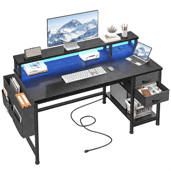 melmine 40" Small Gaming Desk with LED Light & Monitor Stand for Gamer, Built-in Power Outlet Computer Desk with Fabric Drawers for Home Office & Vanity, Black