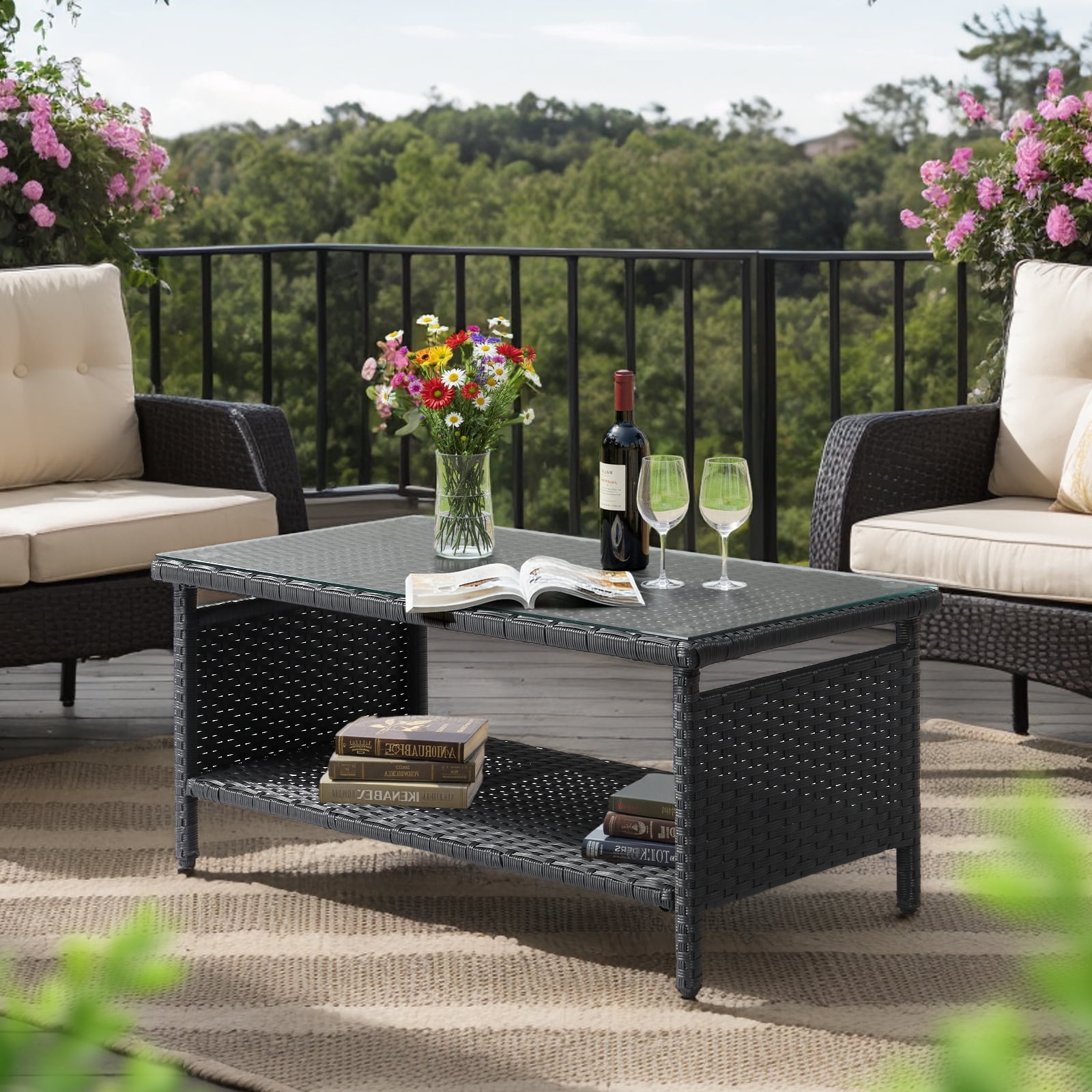 Ktaxon X-Large Outdoor Wicker Coffee Table with Tempered Glass Top and Storage, Black