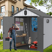 8' x 6' Outdoor Storage Shed with Lockable Doors & Resin Base, Yardmaster Plastic Garden Tool Storage Shed, Black&Gray