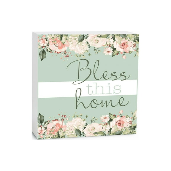 Bless This Home Mint Green Floral 5 x 5 Wood Tabletop Sign Plaque