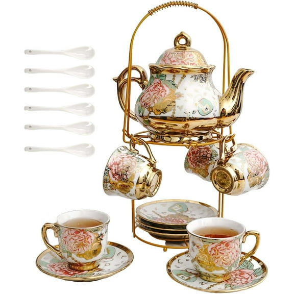 20 Pieces European Vintage Ceramic Tea Set with Metal Cup Holder, Adult Tea Set, Women's Afternoon Tea Set (golden rose, medium)