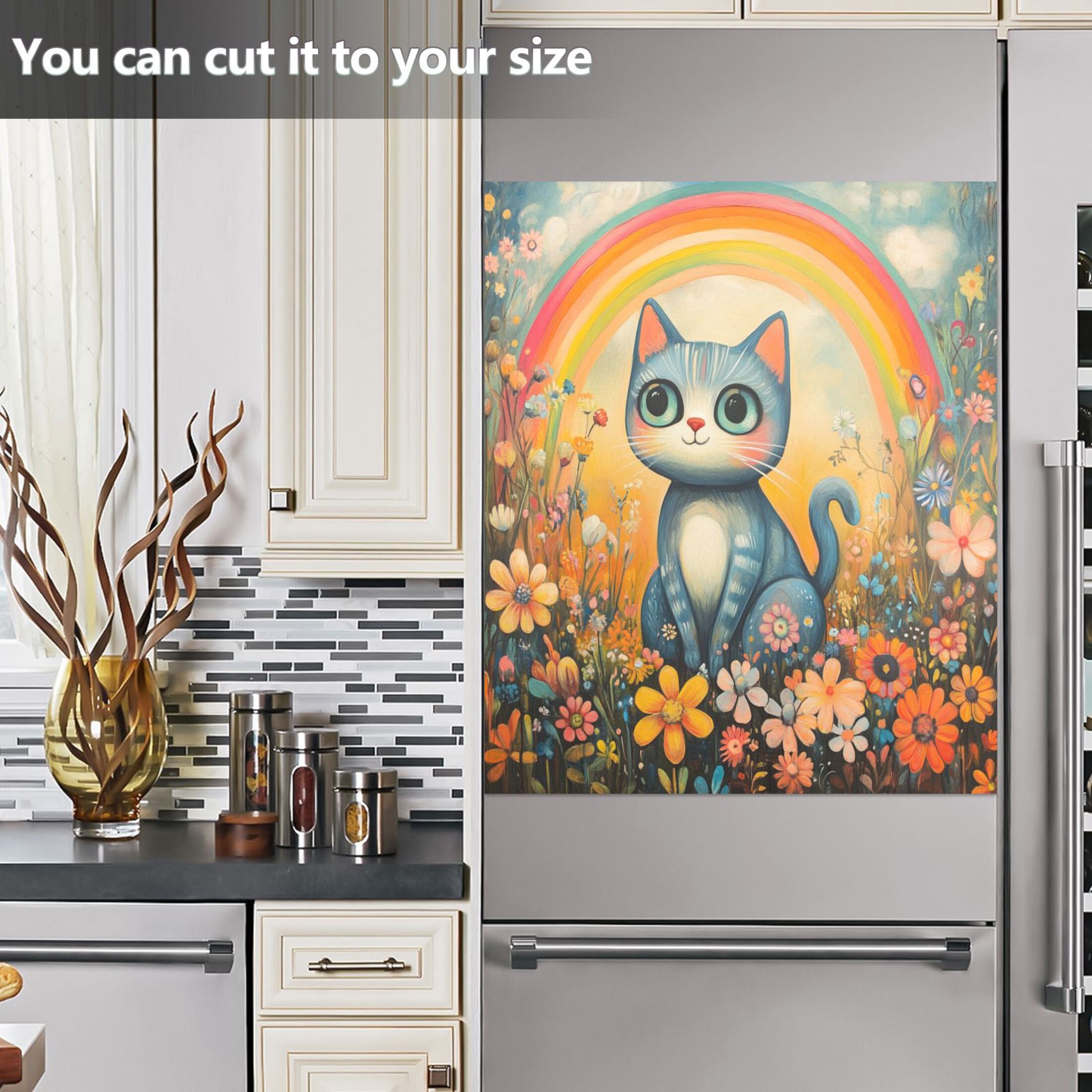 Dishwasher Magnetic Sticker 23x26 Inch Refrigerator Magnetic Sticker Washing Machine Magnetic Sticker Kitchen Panel Magnetic Sticker Home Decor Big-eyed Rainbow Cat