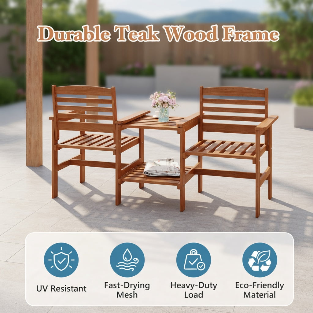 Hommoo Wood 2-Person Outdoor Patio Conversation Set with Coffee Table & Umbrella Hole, Rustic Backyard Seating for Deck, Poolside, or Garden, Natural