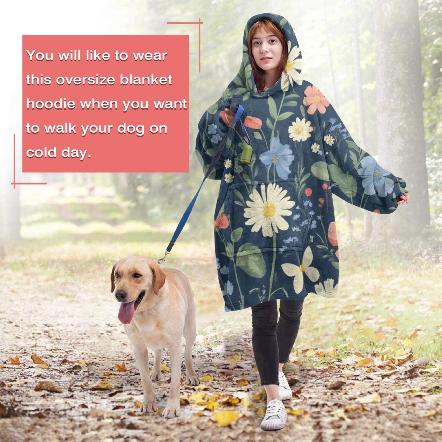 Wearable Oversized Blanket,Pioneer Flower Floral Print Pattern Wearable Blanket Hoodie for Adults,Cozy Hooded Blankets with Super Pockets,Super Warm Fuzzy Pullover for Women & Men