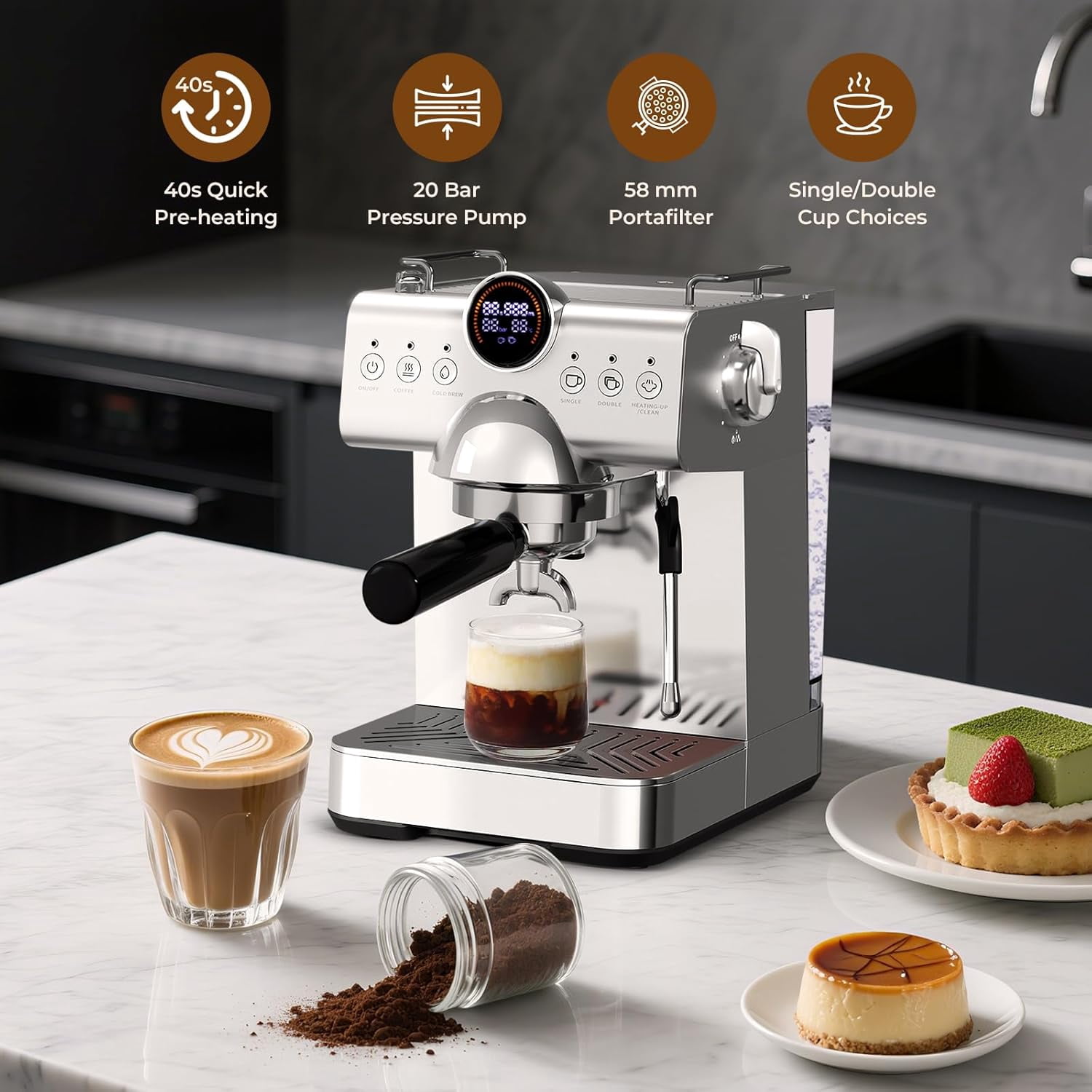 WAA 20 Bar Espresso Machine Hot/Cold Brew,Milk Frother,50oz Tank,LCD Display (Single/Double Cup for Cappuccino/Latte)
