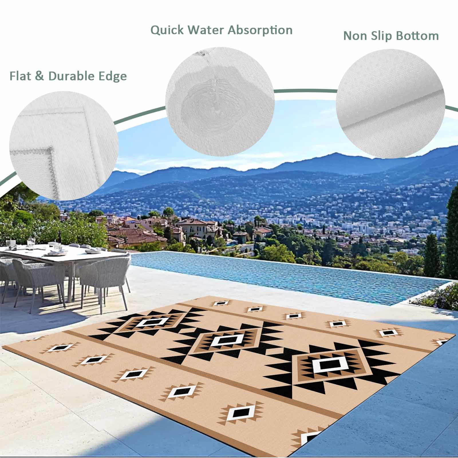 Fsddascl Brown Black Boho Outdoor Rug for Patio/Deck/Porch, Non-Slip Large Area Rug 6 x 9 Ft, Country Aztec Southwest Geometric Indoor Outdoor Rugs Washable Area Rugs, Reversible Camping Rug Carpet