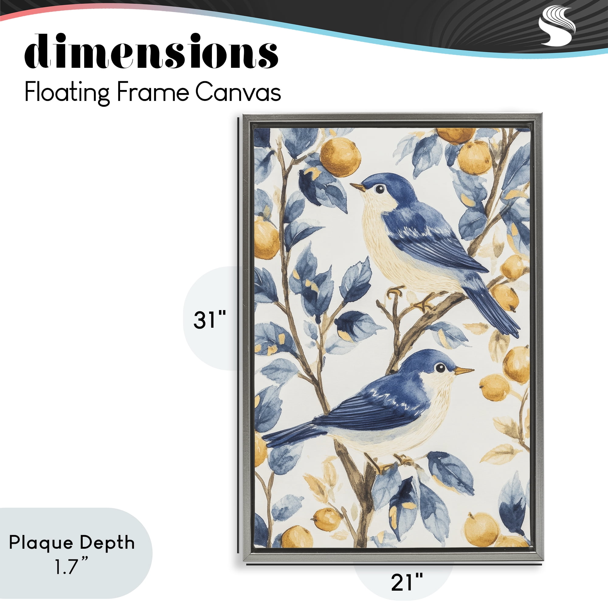 Stupell Industries Sweet Blue Birds on Lemon Branch Gray Framed Floater Canvas Wall Art, design by Petal Prints Design
