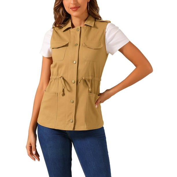 Chaleco sin mangas para mujer INSPIRE CHIC con cintura ajustable, cierre de cremallera, de algodón, estilo cargo, con bolsillo, color caqui profundo L