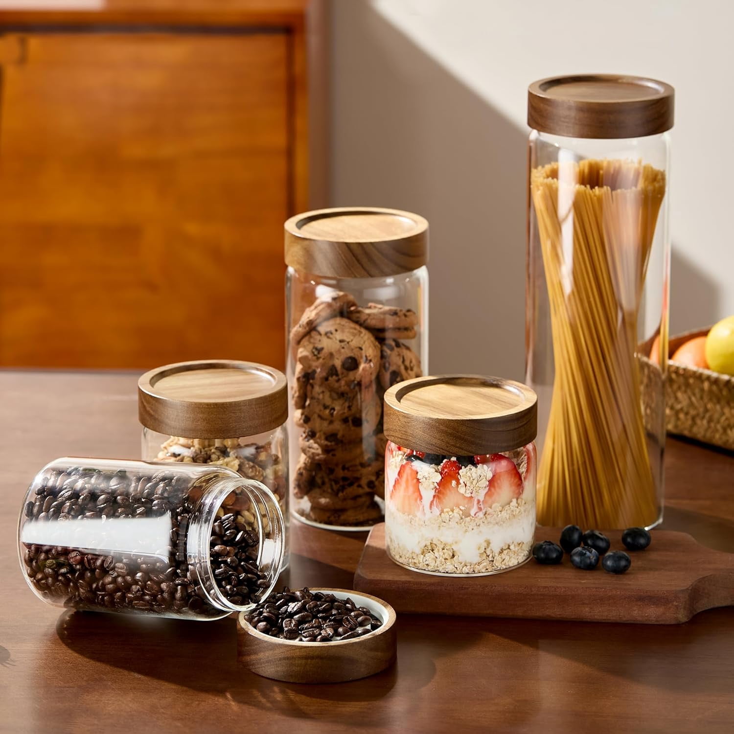 Glass Canister Set of 5 with Acacia Wood Lids Airtight Food Storage Jars for Kitchen Pantry Organization Containers for Spaghetti, Flour, Sugar, Coffee, Tea, Overnight Oats Yogurt More