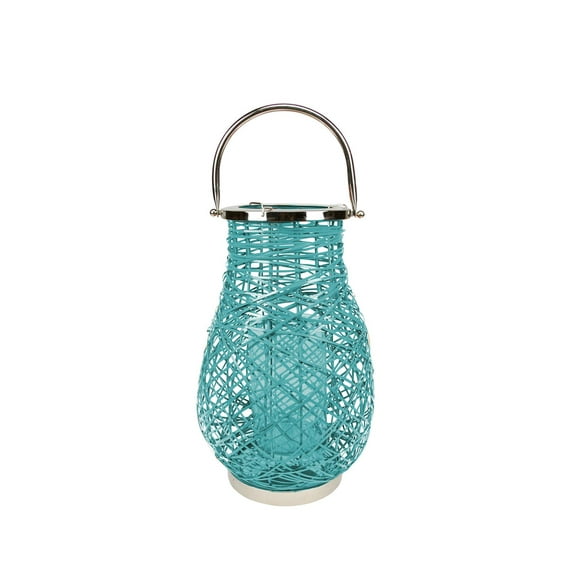16.25" Modern Turquoise Blue Decorative Woven Iron Pillar Candle Lantern with Glass Hurricane