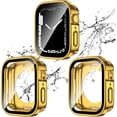 thumbnail image 1 of KOMI 2 Pack 2 in 1 Waterproof Case for Apple Watch Series 8 7 41mm, Straight Edge PC Front & Back Bumper with Tempered Glass Screen Protector 360 Protective Cover for iWatch (41mm, Gold/Gold), 1 of 5