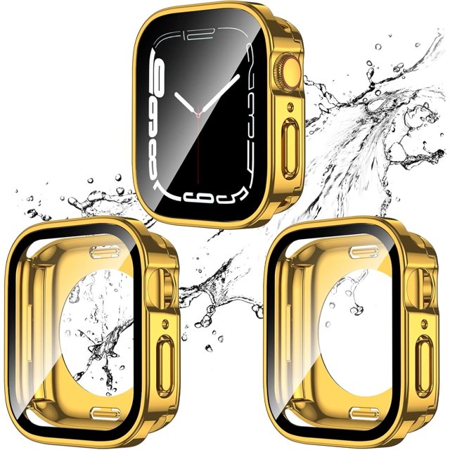 KOMI 2 Pack 2 in 1 Waterproof Case for Apple Watch Series 8 7 41mm, Straight Edge PC Front & Back Bumper with Tempered Glass Screen Protector 360 Protective Cover for iWatch (41mm, Gold/Gold)