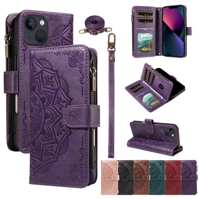 For iPhone 13/14 Wallet Case, 9 Card Slots RFID Blocking Crossbody Leather Cover, Zipper Pocket, Detachable Wrist & Shoulder Strap, Magnetic Shockproof Protective Phone Case for Women,Purple