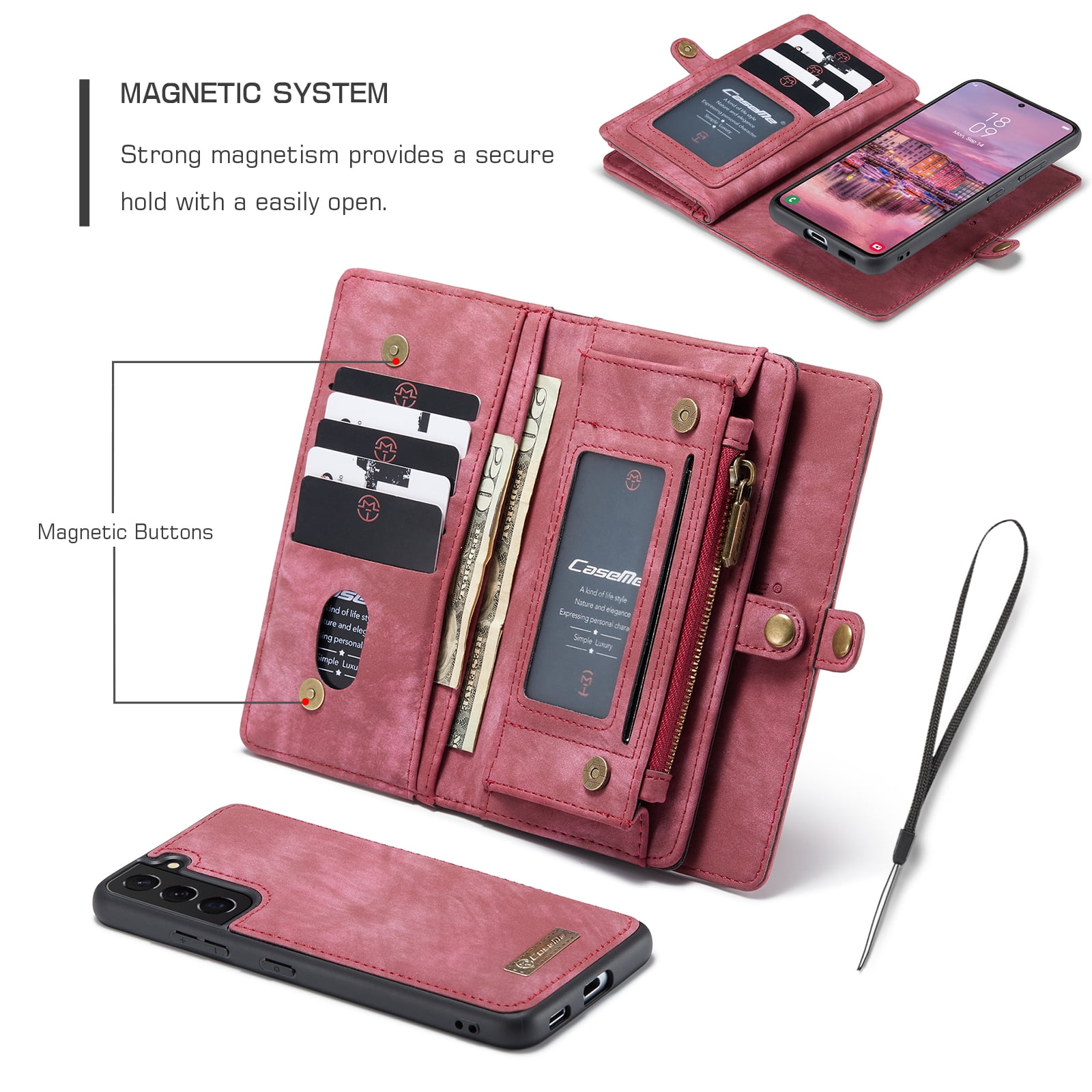 TECH CIRCLE Samsung Galaxy S22 Plus Case,Galaxy S22 Plus Wallet Case with Card Holder Kickstand Zipper Pocket Lanyard Strap Wristlet PU Leather Flip Case Wallet for Galaxy S22 Plus 6.6 inch,Red
