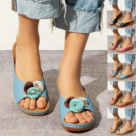 

Cethrio Women s Platform Footbed Sandals- Slides Sandal Fish Mouth Platform Wedge Flower on Clearance Wide Width Pink Dressy Sandals/ Slides Size 4.5