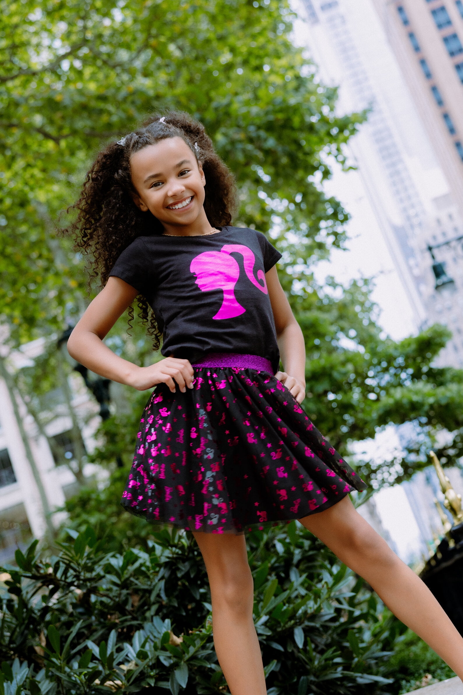 Barbie Metallic Print T-Shirt and Tulle Mesh Skirt Logo Toddler to Big Kid
