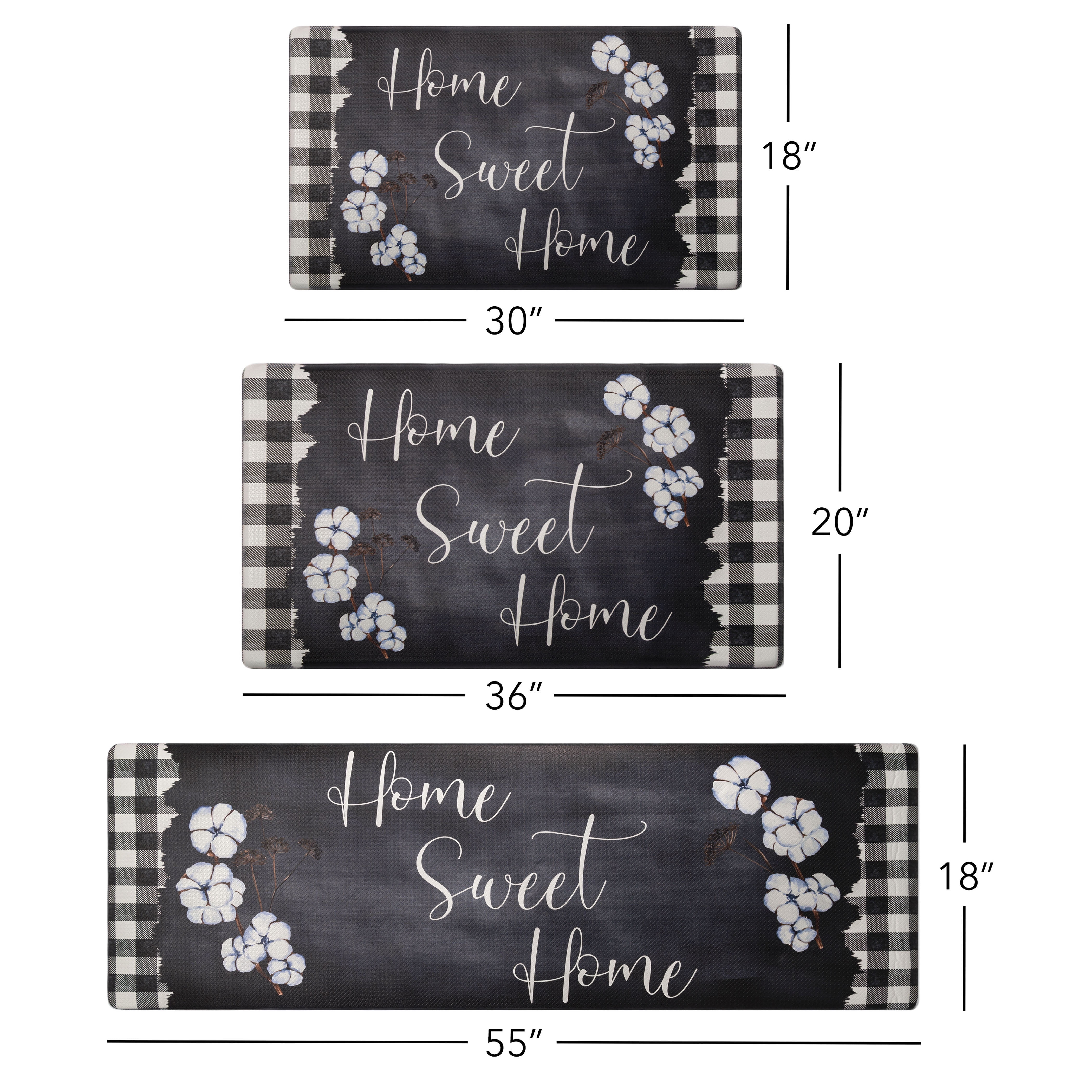 SoHome Cozy Living Home Sweet Home Buffalo Check Border Anti-Fatigue Kitchen Mat, Black/White, 20"x36"