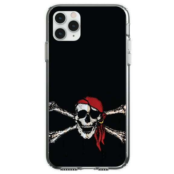 DistinctInk Clear Shockproof Hybrid Case for iPhone 13 PRO (6.1" Screen) - TPU Bumper, Acrylic Back, Tempered Glass Screen Protector - Black Red Pirate Flag