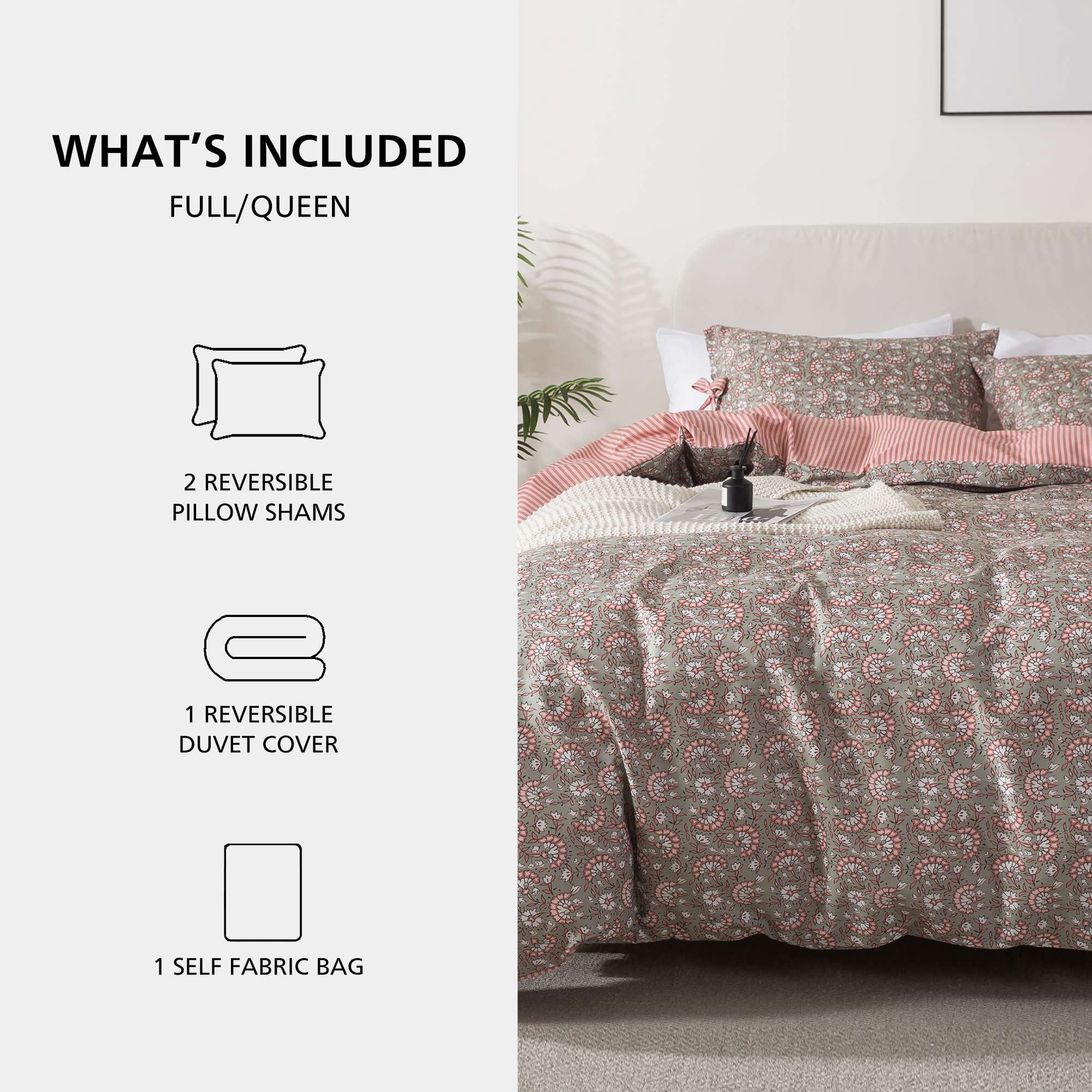Mainstays Full/Queen Duvet Cover Set, Reversible All-Season, 3-Piece, Green Floral Bowknot