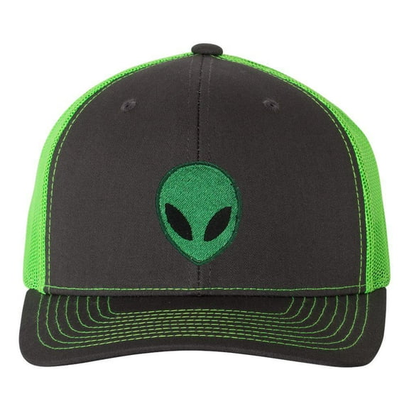 Tropic Hats Embroidered Alien Face 6 Panel Trucker Snapback Cap - Charcoal Gray/Neon Green