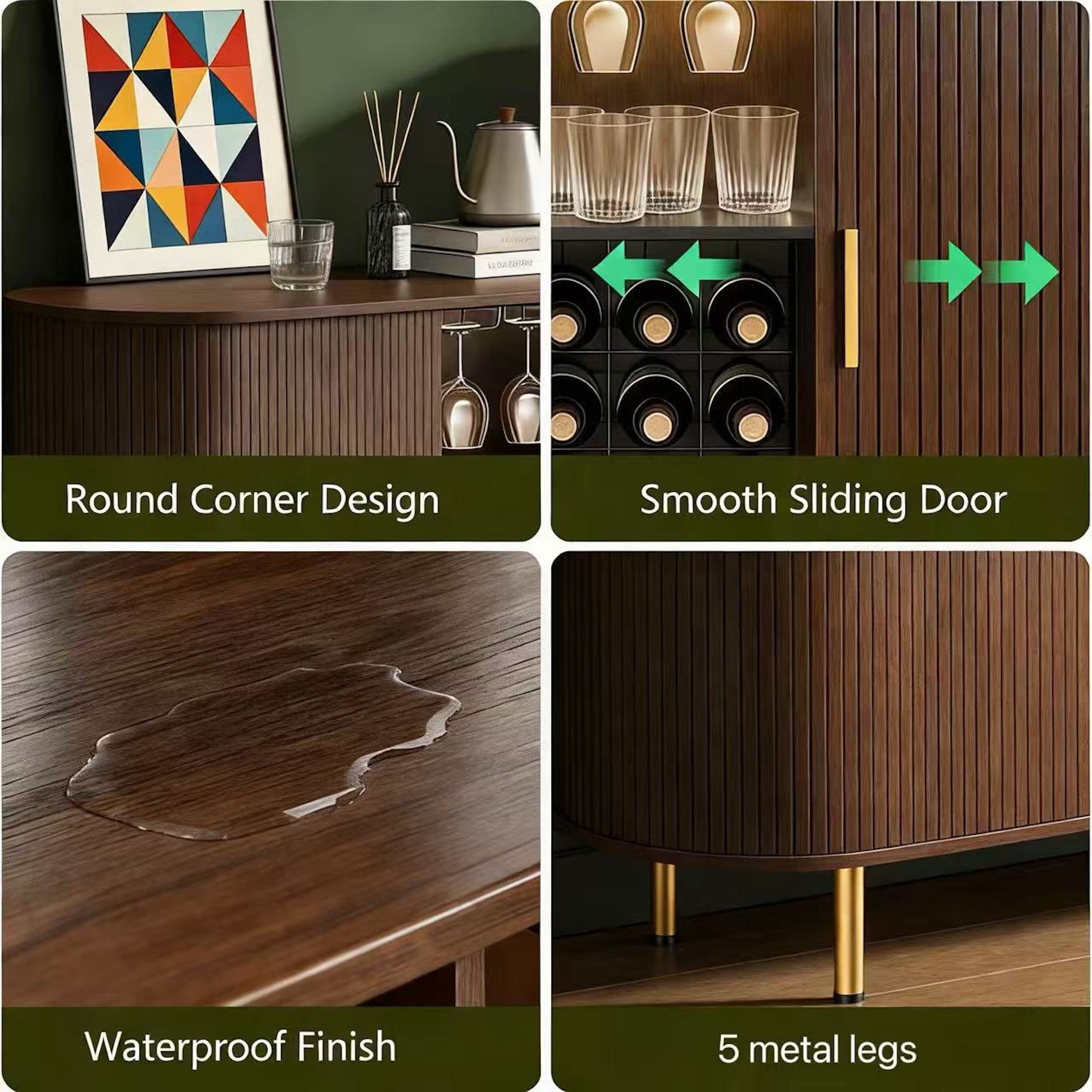 Aisword 55" Wine Bar Cabinet with Storage, Fluted Liquor Coffee Bar Cabinet with LED Lights, Buffet Sideboard, Walnut
