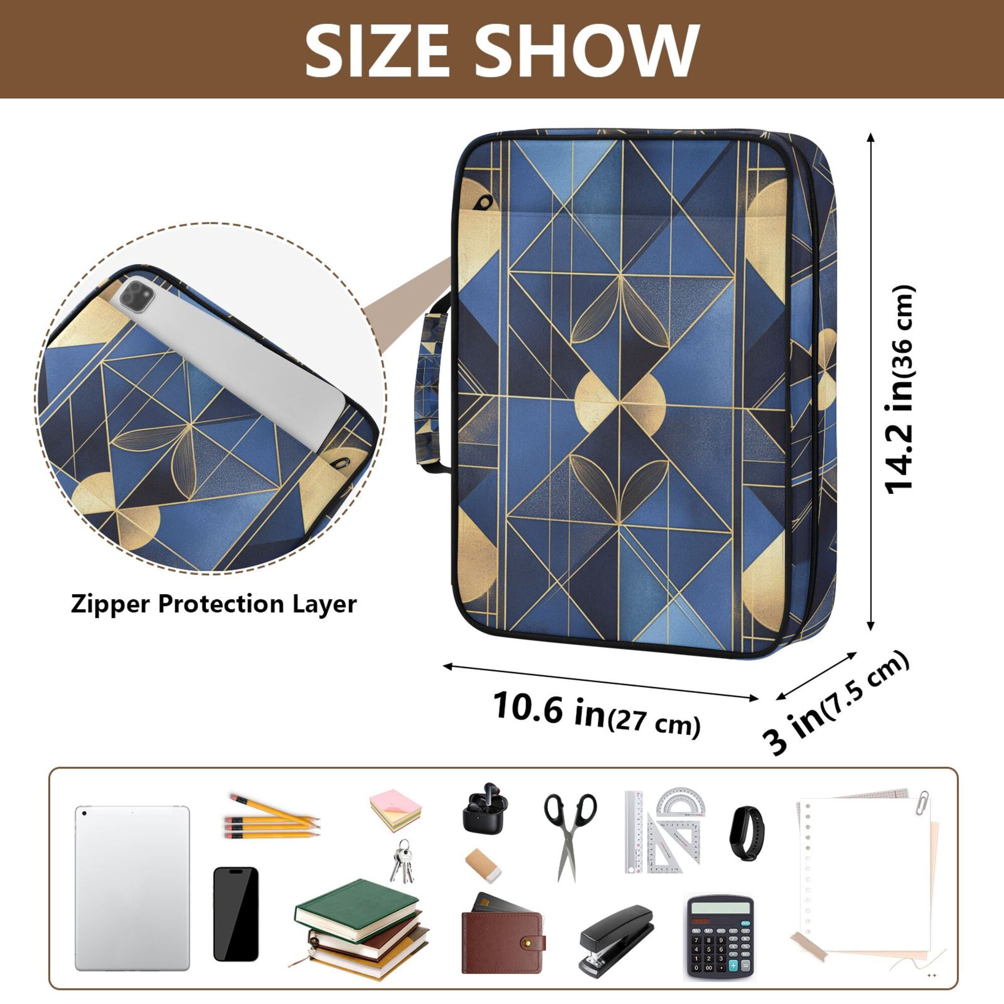 FORMRS Accordion File Folder A4 Size 7-Pocket Expanding Document Organizer Bag with 3 Ring Binder, Blue Geometric Pattern