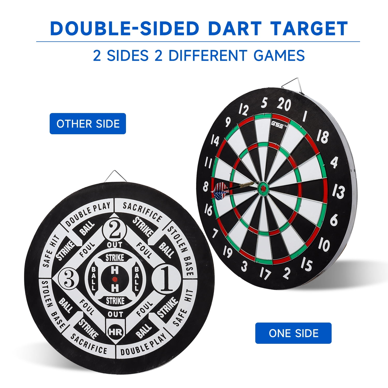 GSE Games & Sports Expert 18" 2-in-1 Paper Baseball & Dart Board Games Set. Double-Sided Dartboard with six 17G Steel Tip Darts