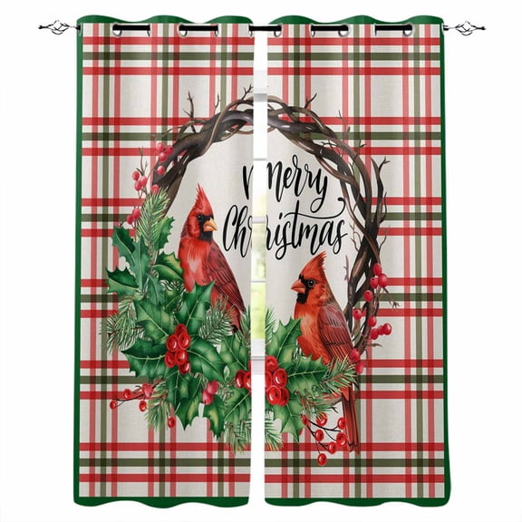 Christmas Cardinal Birds Blackout Curtains for Bedroom/Living Room, Thermal Insulated Kitchen Curtains, Xmas Holly Leaves Branch Green Red Plaid Grommet Darkening Window Treatment Drapes 27.5"x39"x2