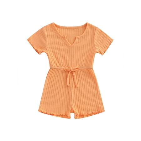 

Eyicmarn Baby Girls Ribbed Jumpsuit Lettuce Trim Solid Color Short Sleeve Romper Shorts for Toddler Summer Clothes