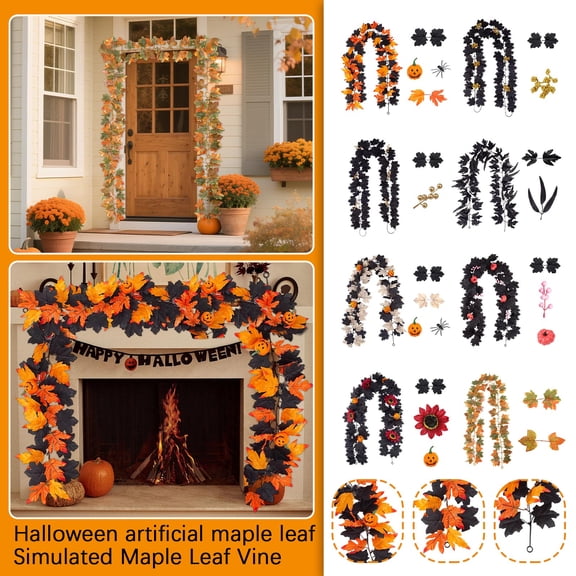 Halloween Garland 79 Inch Black Gold Maple Leaf Garlands Spooky Halloween Decorations for Home Mantel Wall Door Window Party Supplies 1 Pack