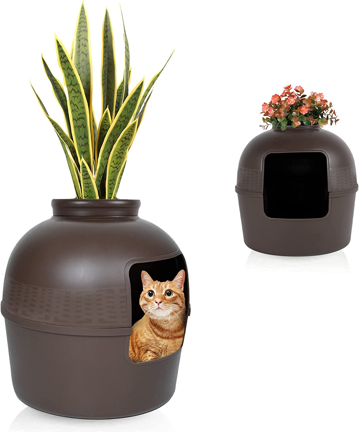 Hidden Litter Box Enclosure, Plant Cat Litter Box Furniture Includes Faux Plant and Real Stones