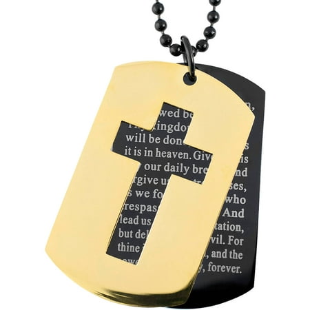 Men's Two-Tone Stainless Steel Cross and Lord's Prayer Double Dog Tag Pendant