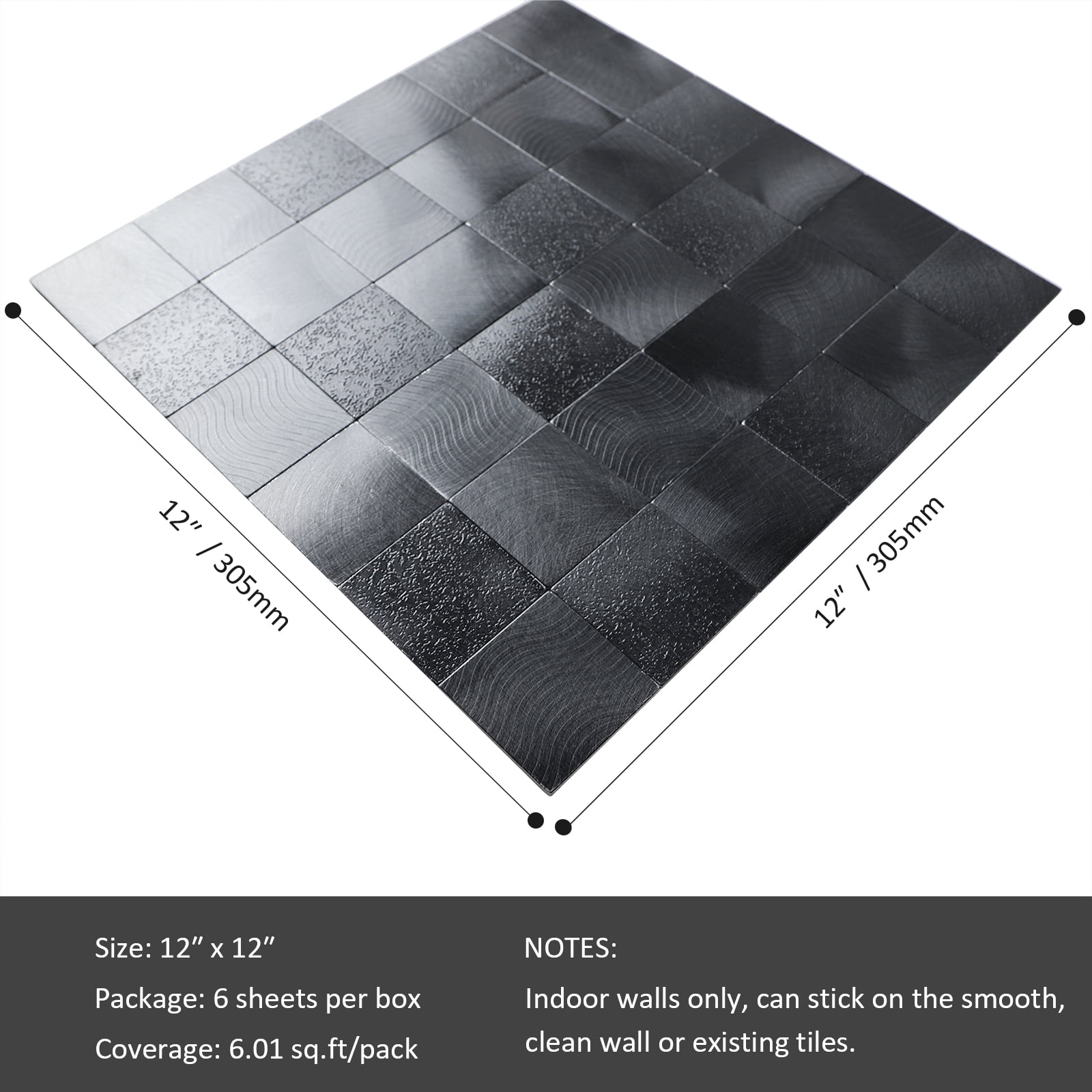 6-Sheet Black Peel and Stick Backsplash Square Tile, 12" x 12" Self Adhesive Embossed Surface Texture Stick on Wall Tiles for Kitchen Bathroom