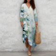 thumbnail image 2 of SCRAWLGOD Flower Leaf Print Blue White Womens V-Neck Casual Tunic Summer Dresses 3/4 Sleeve Loose Vacation Midi Dress for Travel, Streetwear, XL, 2 of 6