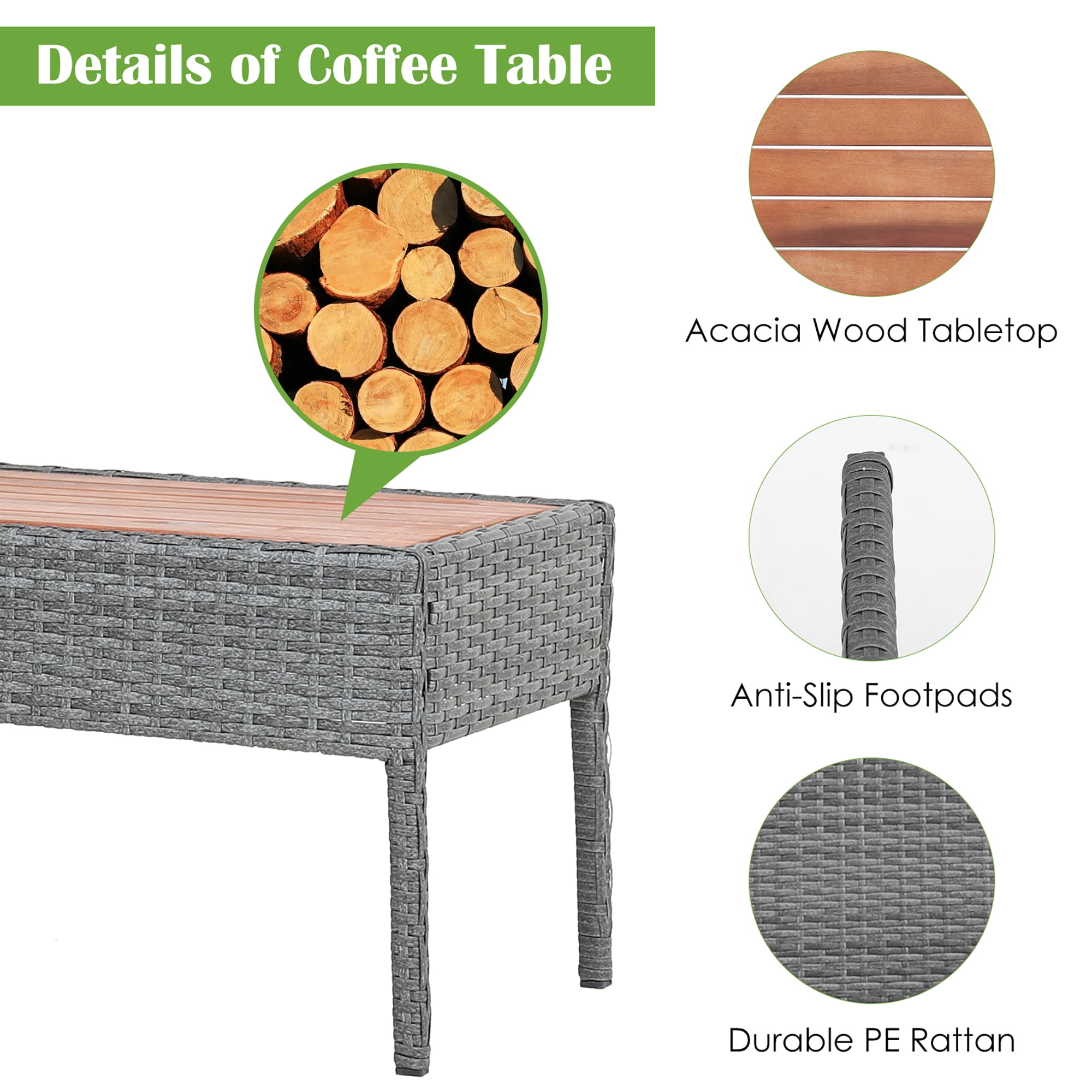 Costway 4-Piece Rattan Patio Furniture Set with Cushioned Chairs and Wooden Tabletop, Gray