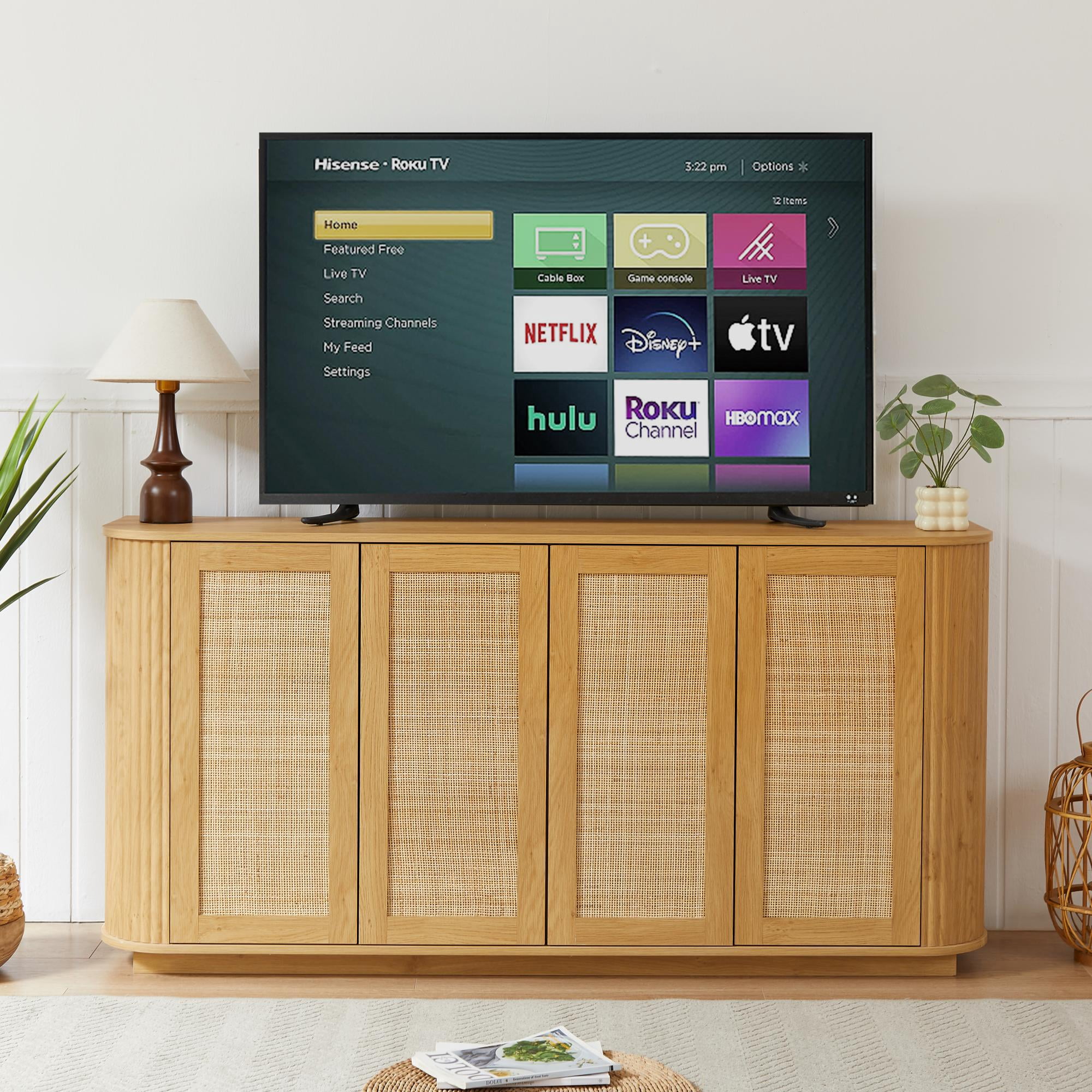 TrumanPick TV Stand for 64 Inch TV, Buffets & Sideboard Storage Cabinet with Rattan Door, Media Console for Living Room, Bedroom, 64''W x 15''D x 31.5''H, Natural Oak