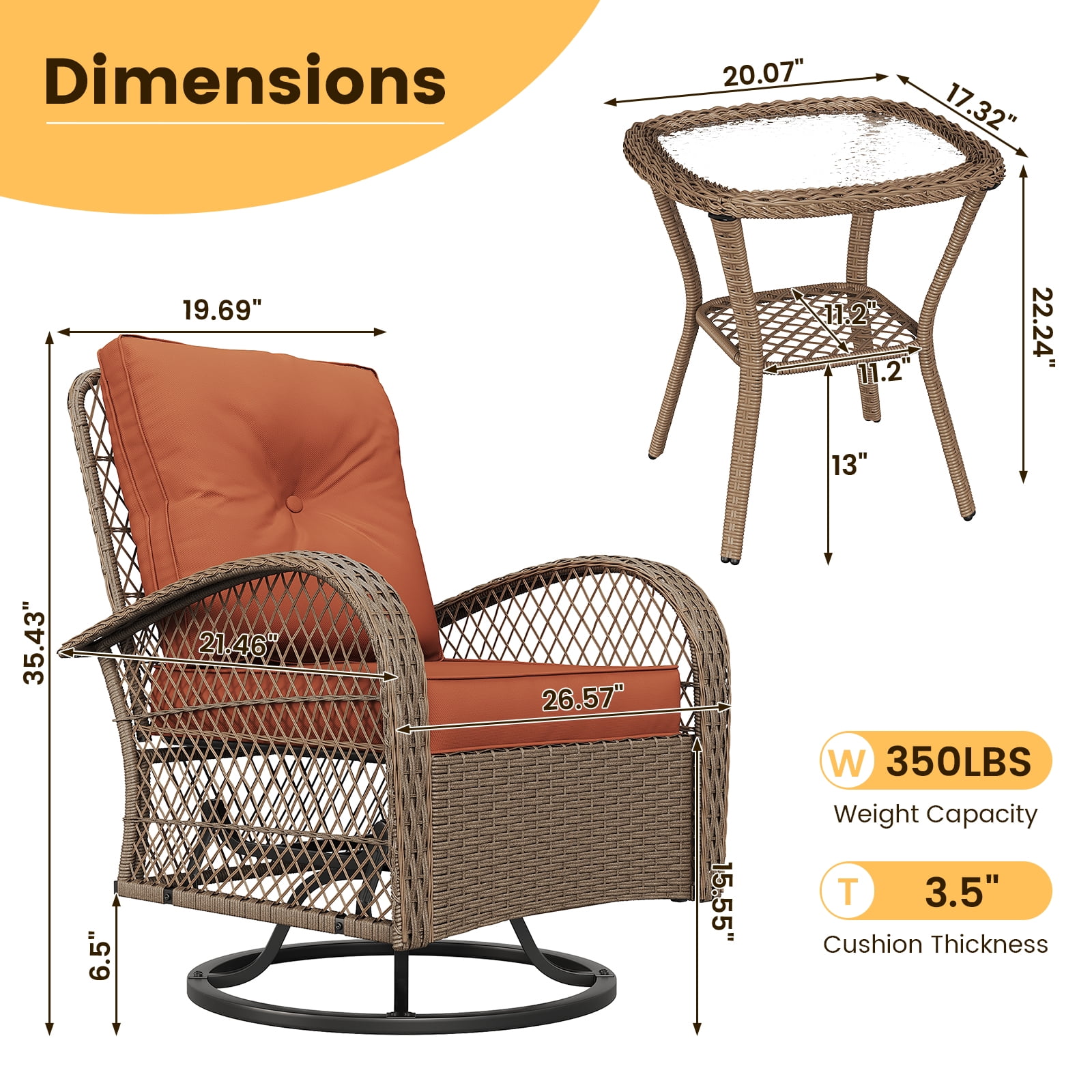 ELPOSUN 3 Pieces Patio Furniture Set, Outdoor Swivel Gliders Rocker, Wicker Patio Bistro Set with Rattan Rocking Chair, Glass Top Side Table and Thickened Cushions（Orange）