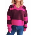 thumbnail image 3 of Women Fall V Neck Sweater Color Block Long Sleeve Shirt Casual Loose Striped Pullover Sweaters Rose Red M, 3 of 9