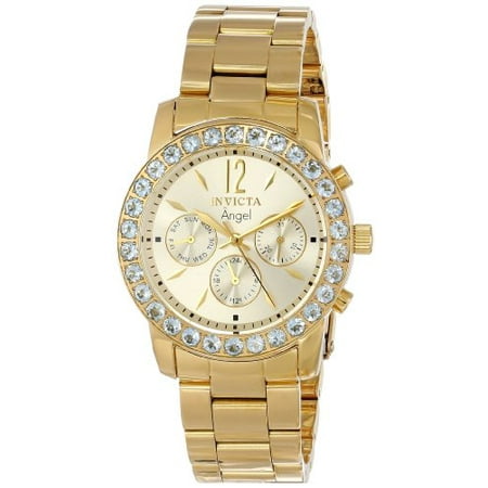 Invicta 14157 Women's Angel Crystal Accented Bezel Gold Dial Yellow Gold Steel Bracelet Watch