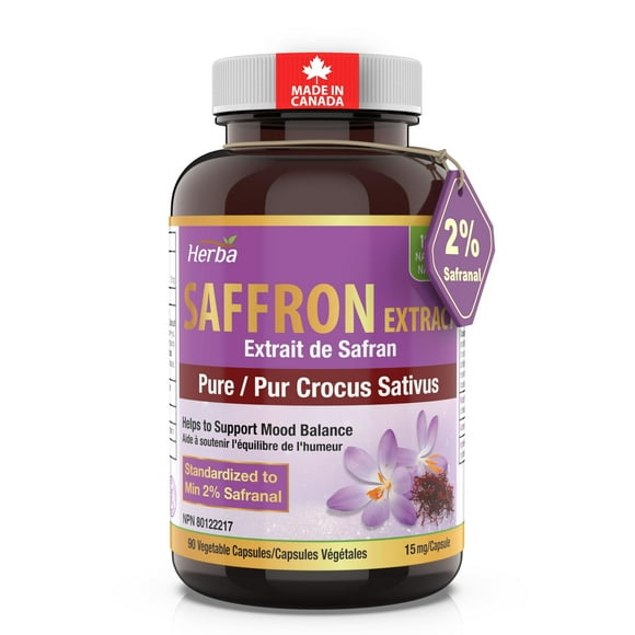 Herba Saffron Supplement – 90 Capsules | Saffron Extract Standardized to 2% Safranal and 3% Crocin | 15mg Saffron from Pure Crocus Sativus | Helps to Support Mood Balance | NPN from Health Canada