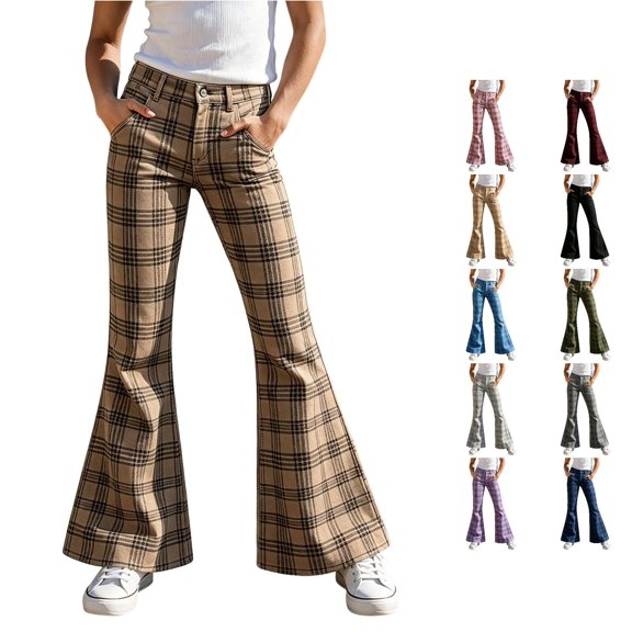 RUTAYY Girls Flared Pants Plaid Print High Waist Button Fly Side Pockets Casual Bottoms Khaki