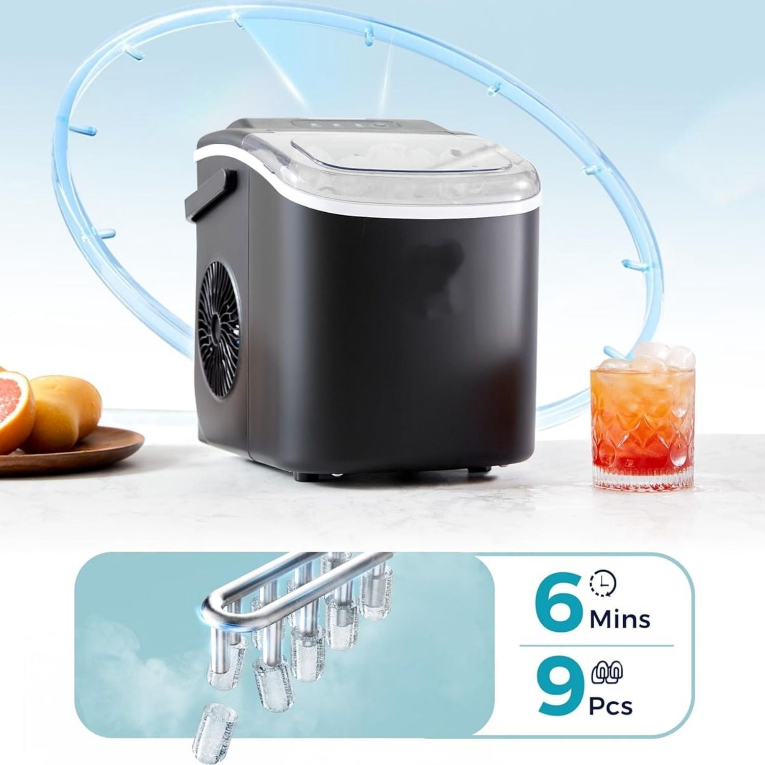 Countertop Ice Maker Machine with Handle, 26.5lbs Per Day, 9 Ice Cubes Ready in 6 Mins, Auto-Cleaning Portable Ice Maker with Basket and Scoop, for Home/Kitchen/Camping/RV