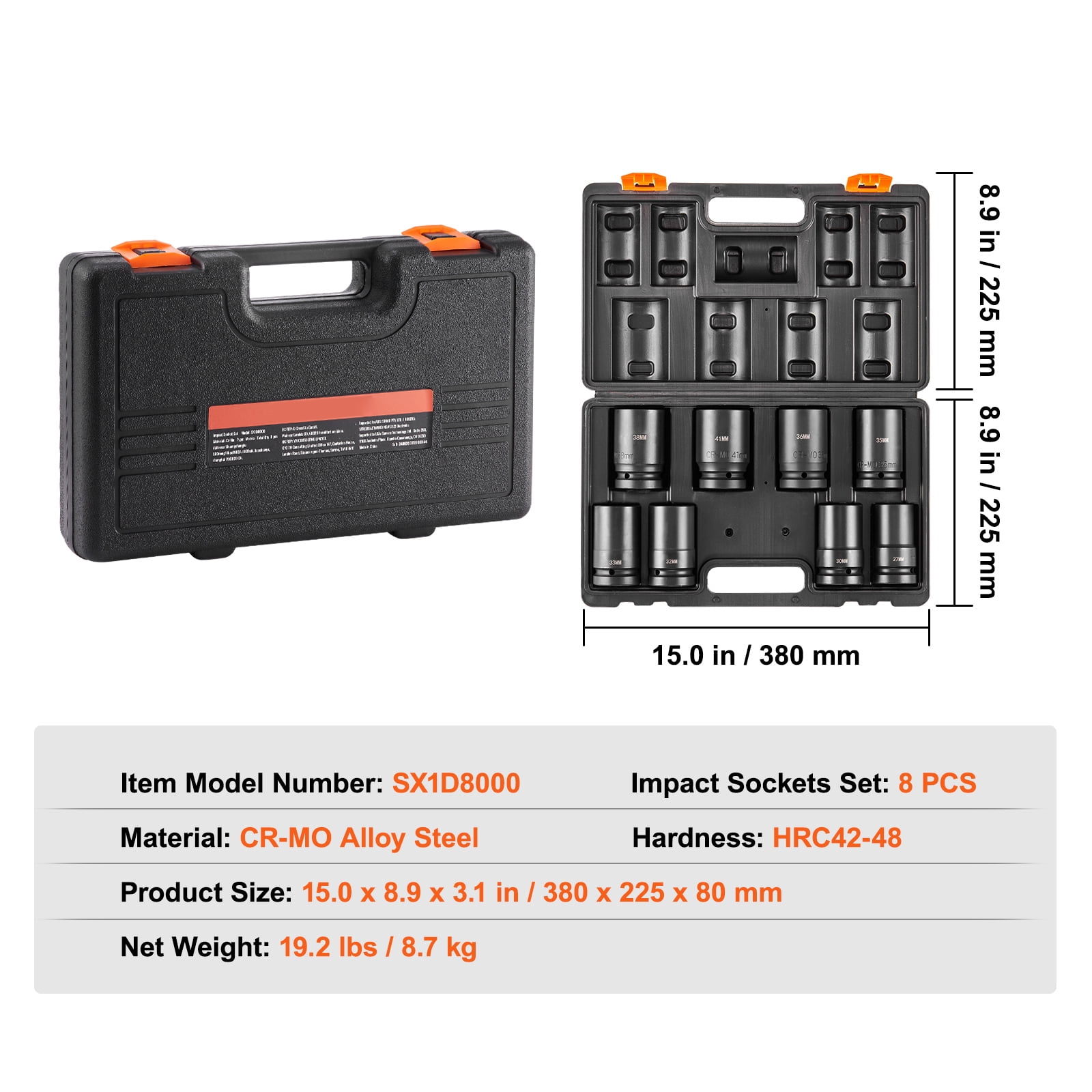 KFFKFF 1" Drive Deep Impact Socket Set, 8 Pcs, Metric 27-41mm, 6-Point, Cr-Mo Steel, for Vehicle Maintenance, Clear Size Labels, Durable Build, Comes with Case