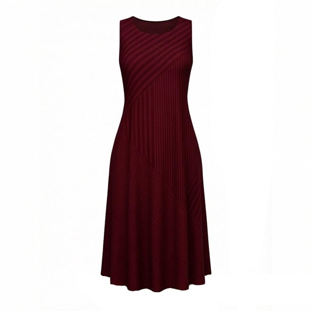 Asdoklhq Graduation Dress Plus Size Summer Leisure Splicing Sleeveless Round Neck Loose Comfortable Wine 2X, Women's, Size: 2XL, Red
