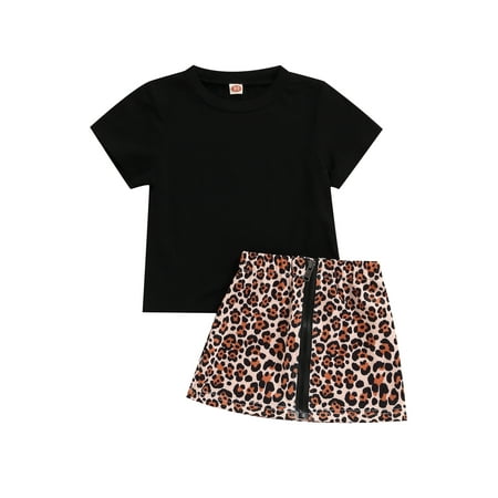 

JYYYBF 2PCS Toddler Baby Girl Outfits Short Sleeve T-shirt + A-Line Leopard Zipper Skirt Set Black 2-3 Years